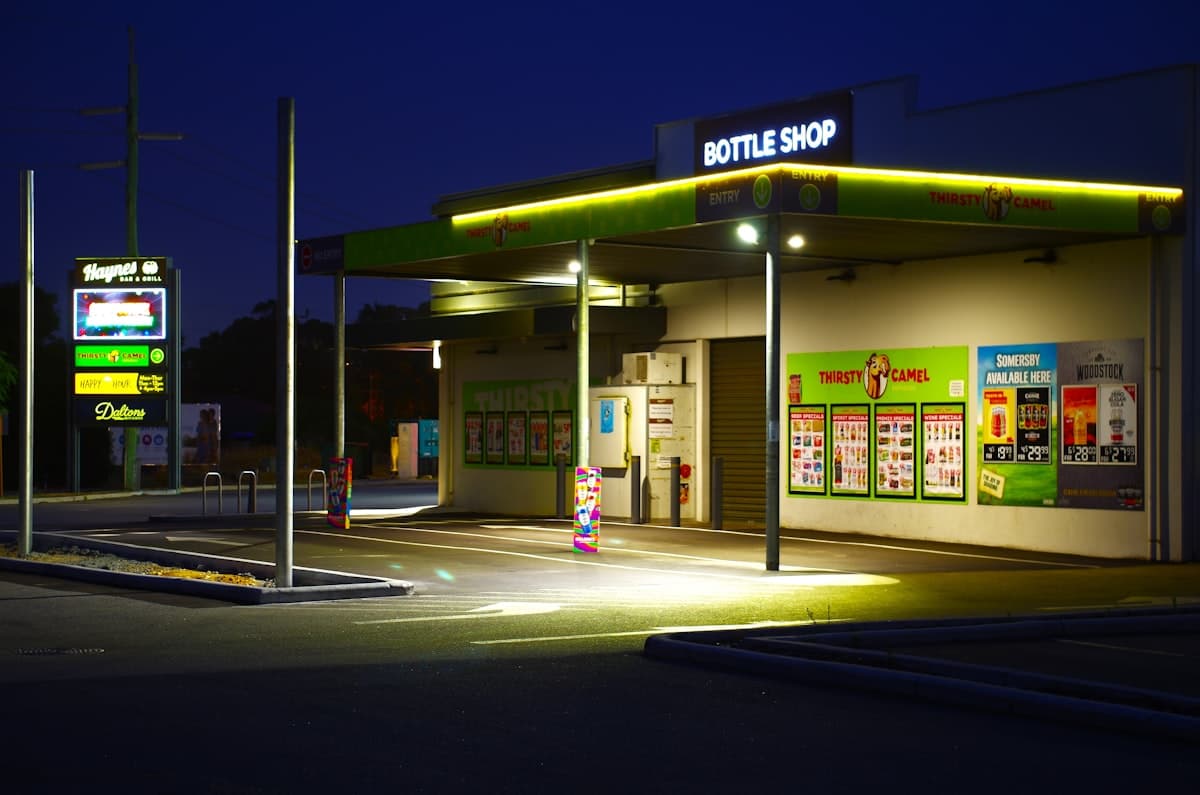 Commercial electrical services — gas station canopy lighting at night