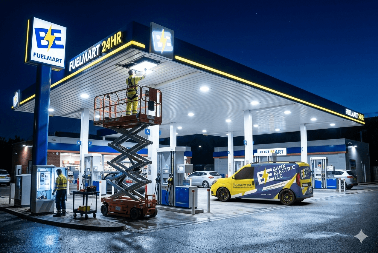 Commercial electrical services — gas station canopy lighting at night